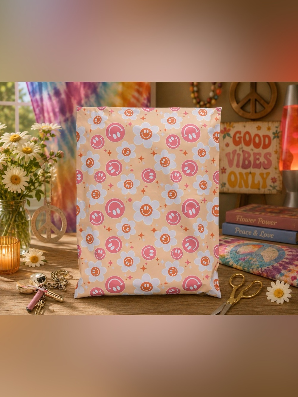 Set of 20 14.5โ x 19โ Smiling Daisy Hippie Inspired Poly Mailers